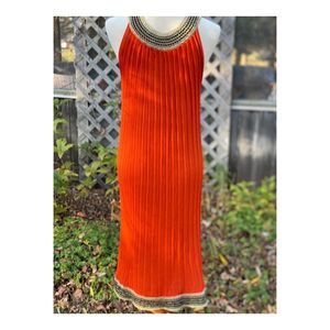 Vintage 70s Knit Halter Dress Tangerine Pleats Contrast Trim Cleopatra Sz L